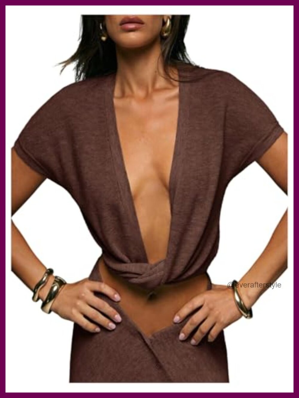 Twist Front Knit Crop Top V Neck Short Sleeve Women's
